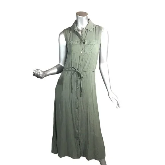Maurices Women's Small Sleeveless Button Front Green Dress with Pockets  Drawstri